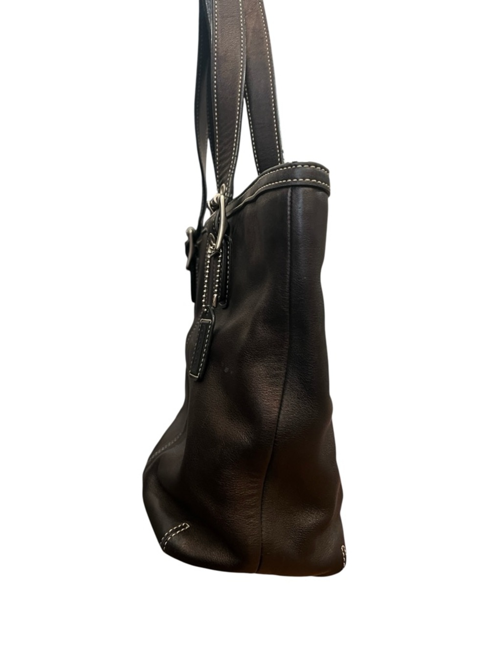 Coach Vintage Hampton Brown Bronze Leather Contrast Stitch Buckle Shoulder Tote - Picture 4 of 13